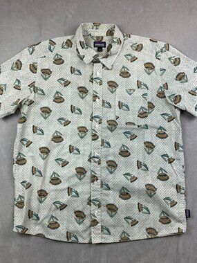 Patagonia Mens Go To Shirt Large White Button Up Short-Sleeve Sunflowers Organic